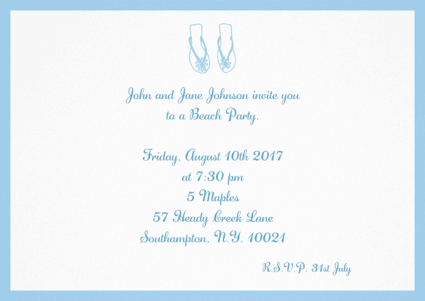 Summer invitation card with flip flops in various colors. Blue.