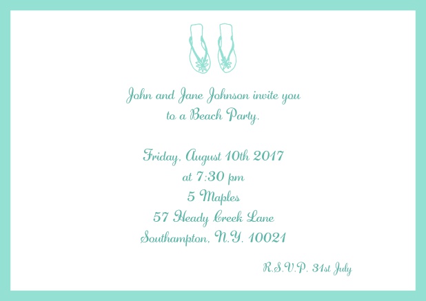 Online Summer invitation card with flip flops in various colors. Green.
