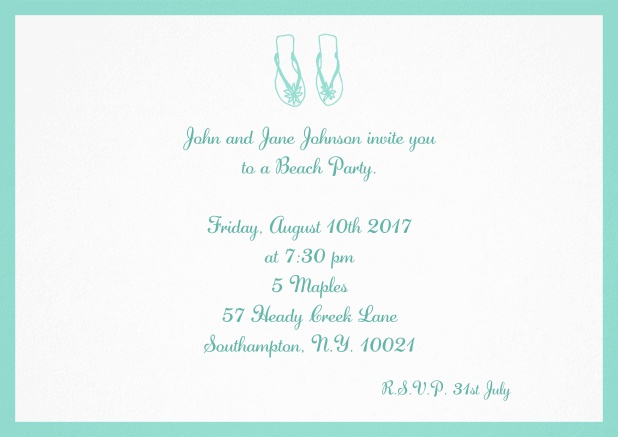 Summer invitation card with flip flops in various colors. Green.