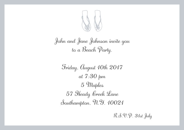 Online Summer invitation card with flip flops in various colors. Grey.