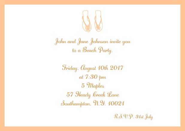 Online Summer invitation card with flip flops in various colors. Orange.