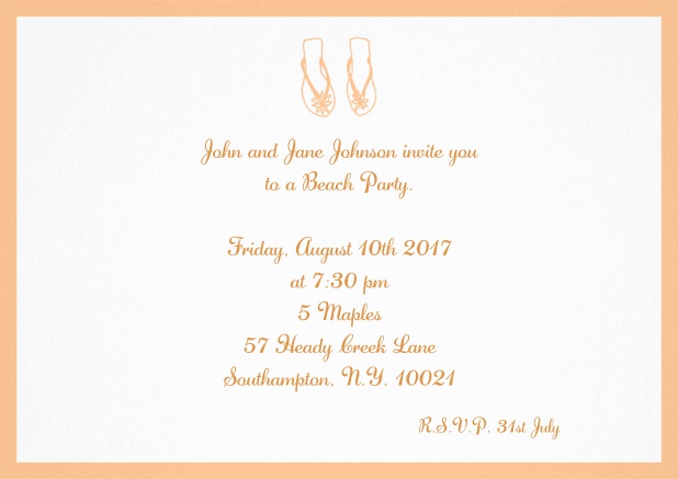 Summer invitation card with flip flops in various colors. Orange.