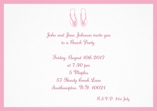 Summer invitation card with flip flops in various colors. Pink.