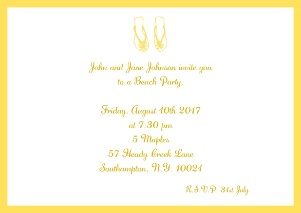 Online Summer invitation card with flip flops in various colors. Yellow.