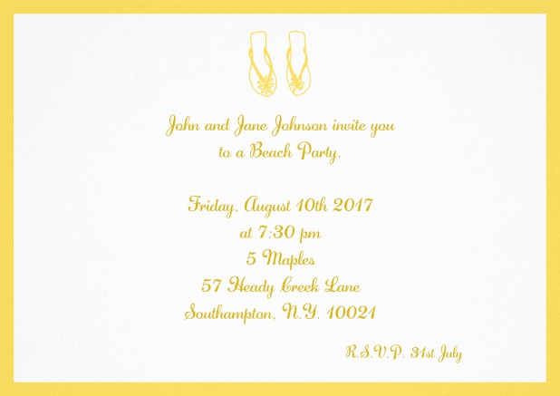 Summer invitation card with flip flops in various colors. Yellow.
