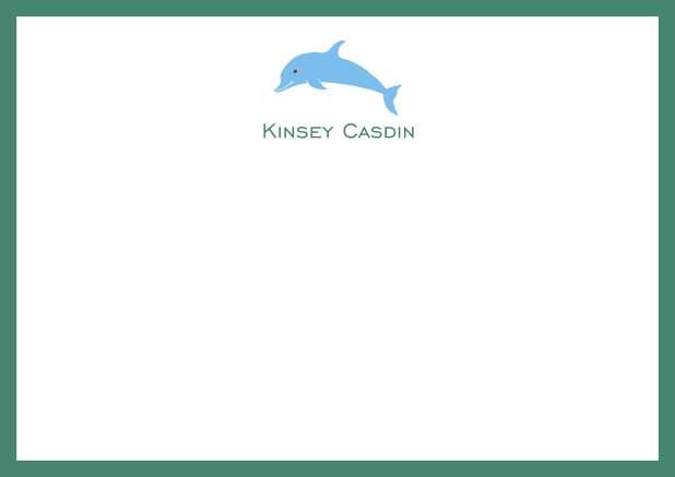Personalizable online note card with illustrated dolphine and frame in various colors. Green.