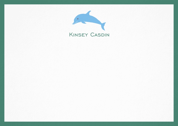 Personalizable note card with illustrated dolphine and frame in various colors. Green.
