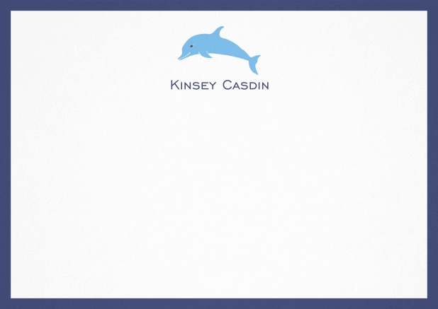 Personalizable note card with illustrated dolphine and frame in various colors. Navy.