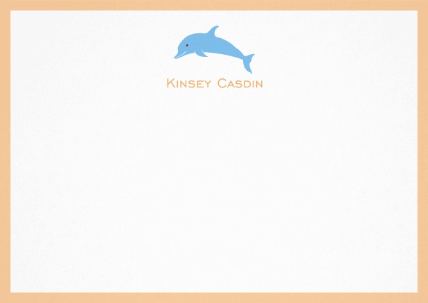 Personalizable note card with illustrated dolphine and frame in various colors. Orange.