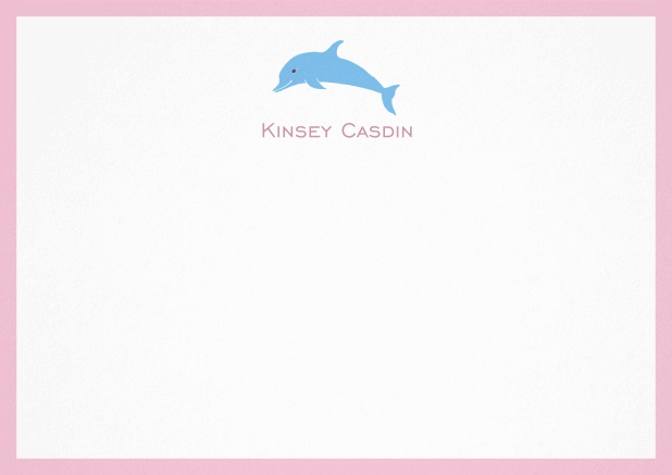 Personalizable note card with illustrated dolphine and frame in various colors. Pink.