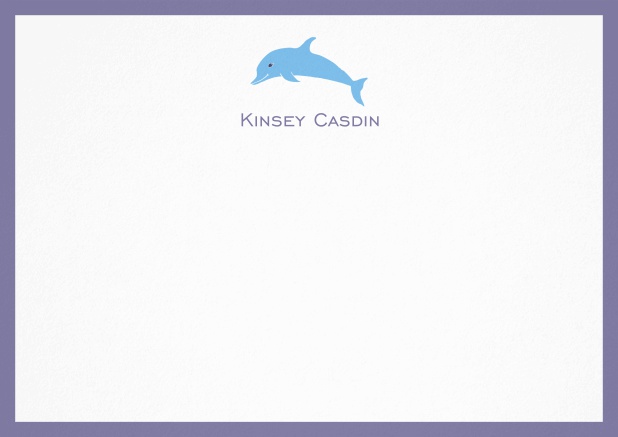 Personalizable note card with illustrated dolphine and frame in various colors. Purple.