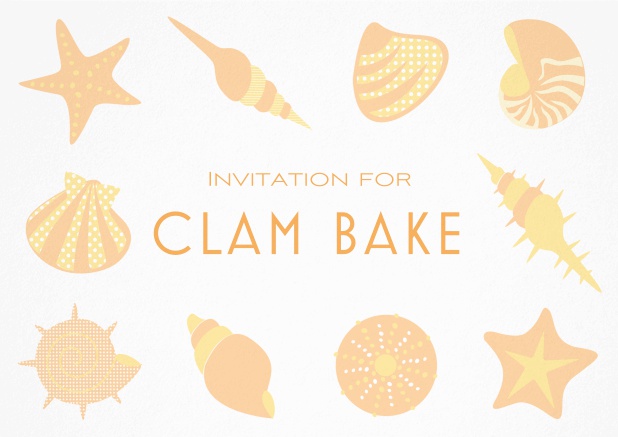 Summer Clam bake invitation template with shells, sea stars etc. Orange.