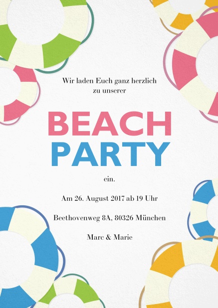 Beach Party Einladungskarte mit bunten Beachbällen
