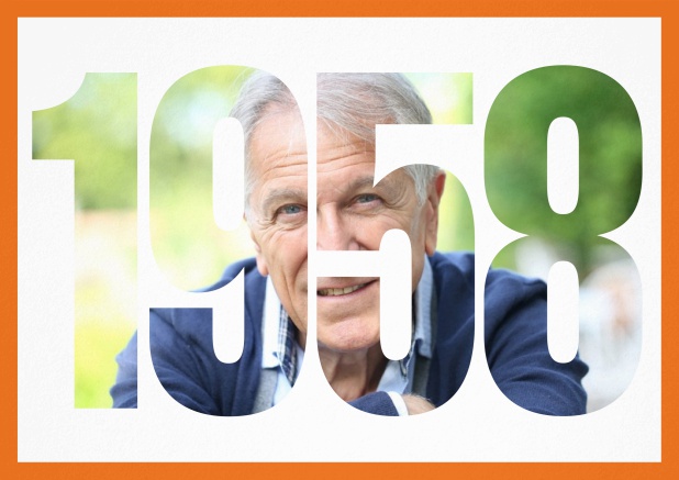1958 geboren Querformat - Orange - 60. Geburtstag Einladungskarte zum 60. Geburtstag mit ausgeschnittener 1958 und farbigen Rand. Orange.