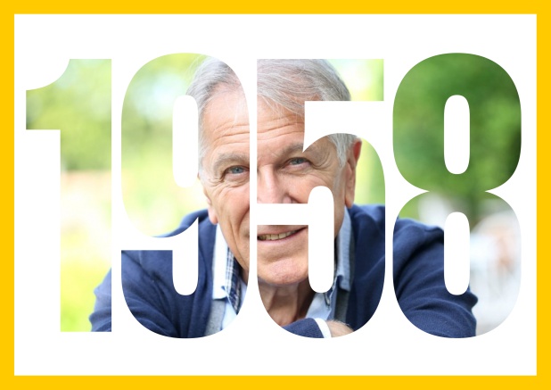 1958 geboren Querformat - Gelb - 60. Geburtstag Online Einladungskarte zum 60. Geburtstag in Querformat mit ausgeschnittener 1958. Gelb.