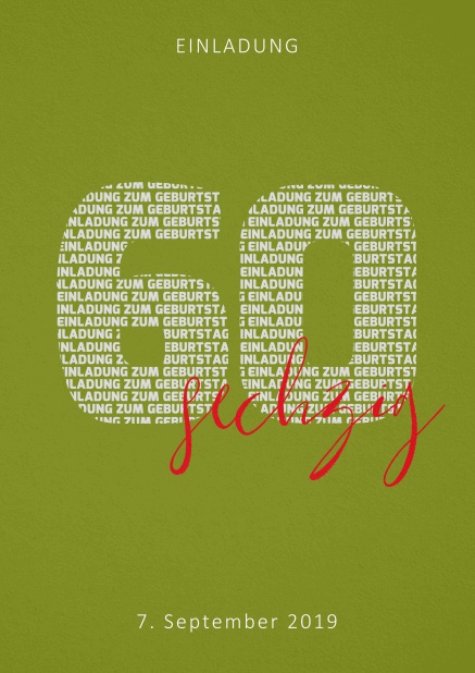 Einladungskarte zum 40. Geburtstag mit Zahl 60 und ausgeschriebenem sechzig Grün.