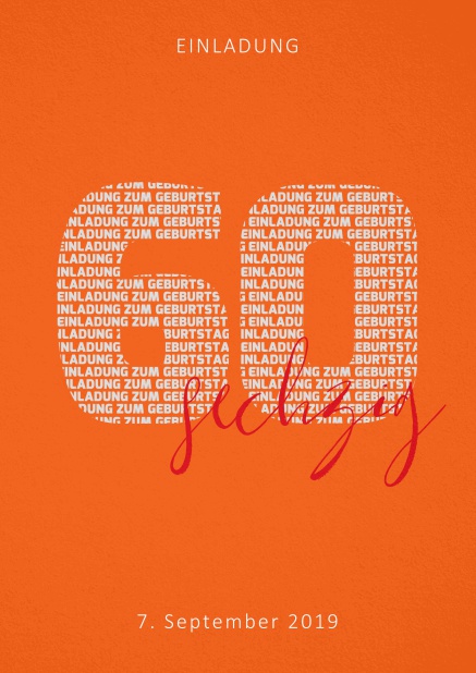 Einladungskarte zum 40. Geburtstag mit Zahl 60 und ausgeschriebenem sechzig Orange.
