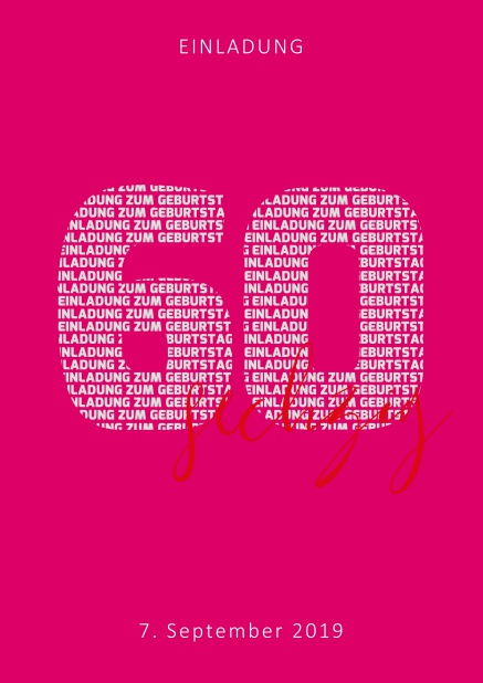Online Einladungskarte zum 40. Geburtstag mit Zahl 60 und ausgeschriebenem sechzig Rosa.