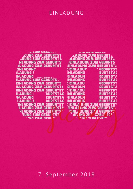 Einladungskarte zum 40. Geburtstag mit Zahl 60 und ausgeschriebenem sechzig Rosa.