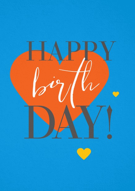 Happy Birthday Grusskarte mit großem orangenem Herzen. Blau.