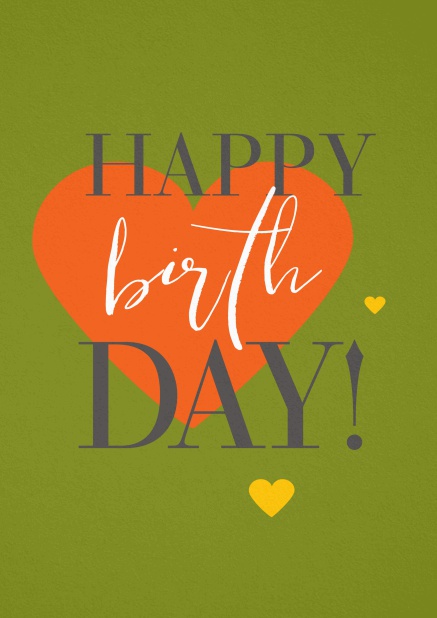 Happy Birthday Grusskarte mit großem orangenem Herzen. Grün.