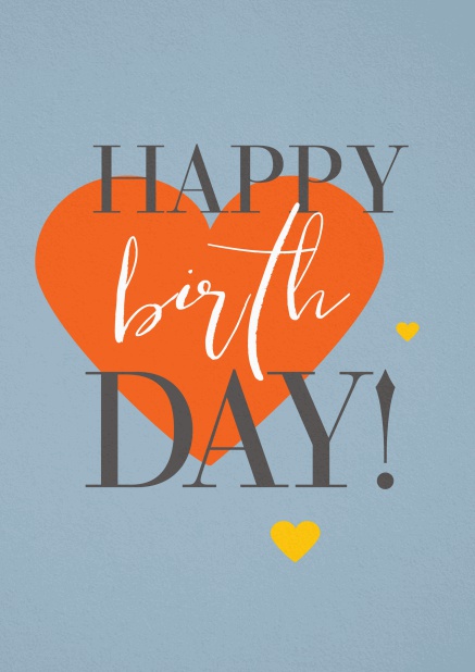 Happy Birthday Grusskarte mit großem orangenem Herzen. Grau.