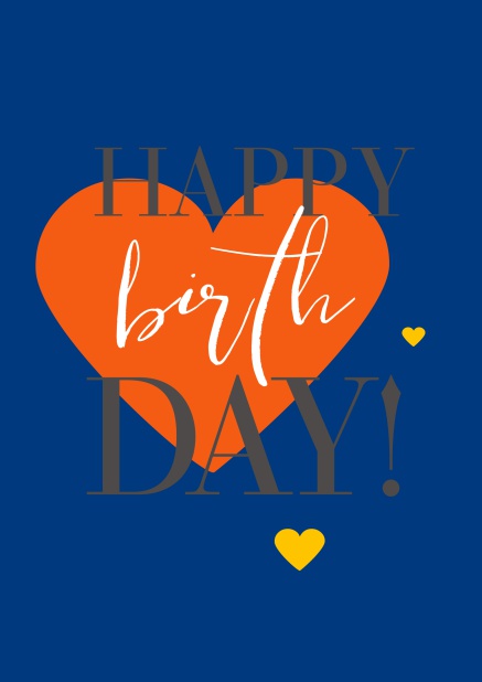 Online Happy Birthday Grusskarte mit großem orangenem Herzen. Marine.