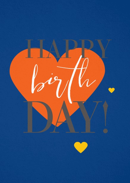 Happy Birthday Grusskarte mit großem orangenem Herzen. Marine.