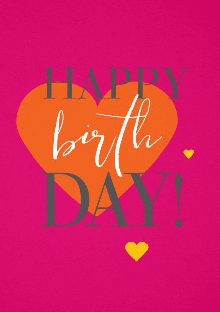 Happy Birthday Greeting card with large orange heart Pink.