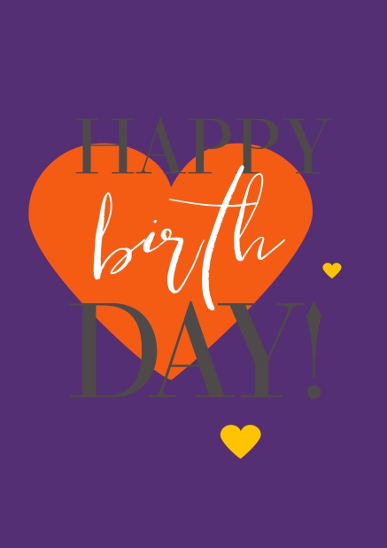Online Happy Birthday Greeting card with large orange heart Purple.