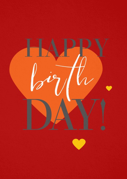 Happy Birthday Grusskarte mit großem orangenem Herzen. Rot.