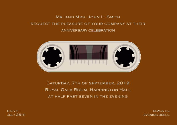 Retro online invitation card design as cassette with animated wheels Brown.