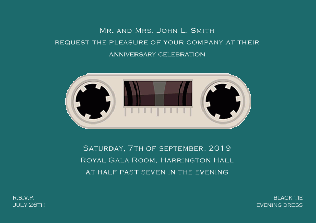 Retro online invitation card design as cassette with animated wheels Green.