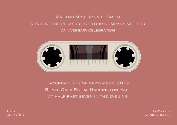 Retro online invitation card design as cassette with animated wheels Pink.
