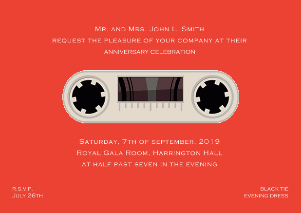 Retro online invitation card design as cassette with animated wheels Red.