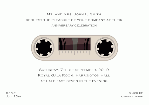 Retro online invitation card design as cassette with animated wheels White.