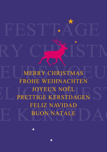 Online Lila Weihnachtskarte mit pinkem Rentier und Frohe Weihnachten Text in mehreren Sprachen.