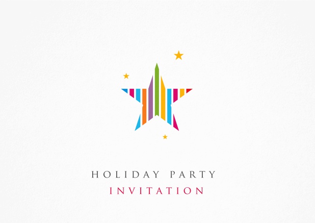 White Holiday Party invitation card with large colorful star and some small golden stars