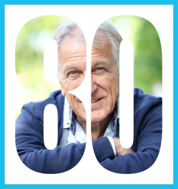 Online Einladungskarte zum 80. Geburtstag mit grosser ausgeschnittenen Zahl 80 für ein eigenes Foto. Blau.