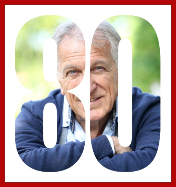 Online Einladungskarte zum 80. Geburtstag mit grosser ausgeschnittenen Zahl 80 für ein eigenes Foto.
