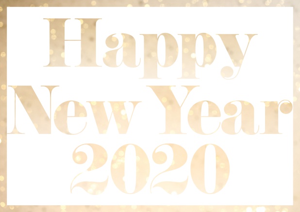 Online Greeting card with cut out Happy New Year 2020 with golden confetti image or your own photo. Black.