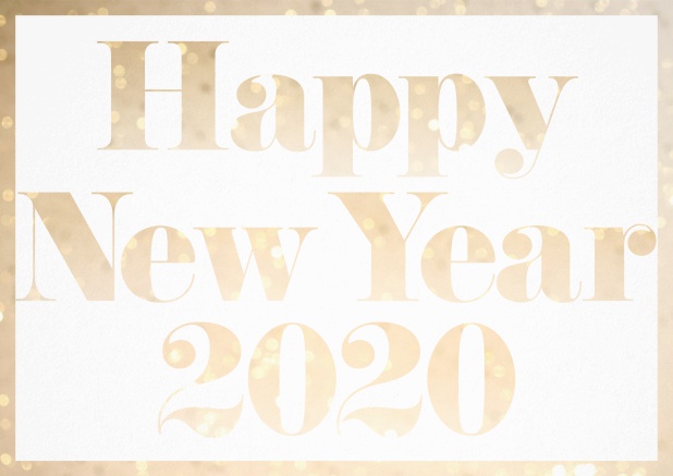 Greeting card with cut out Happy New Year 2020 with golden confetti image or your own photo. Black.
