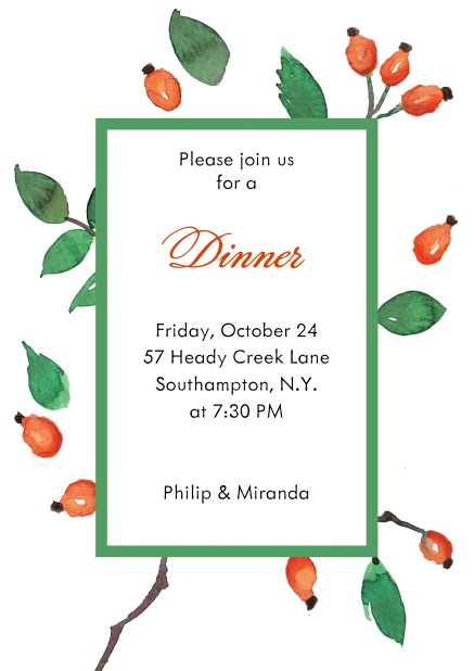 Online Invitation card with rosehips Green.