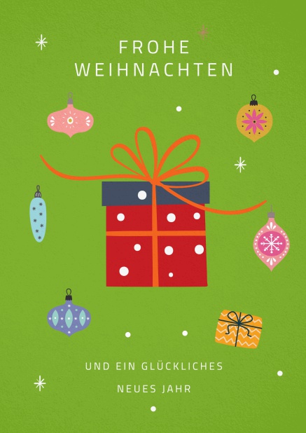 Weihnachtskarte mit illustriertem Geschenk und rot, weiß und blau.