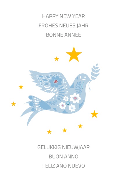 Happy new year Online Greeting card with white dove with golden stars