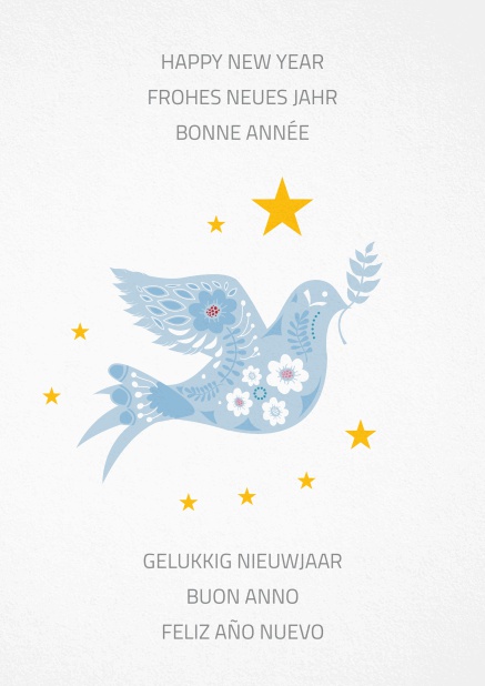 Happy new year Greeting card with white dove with golden stars