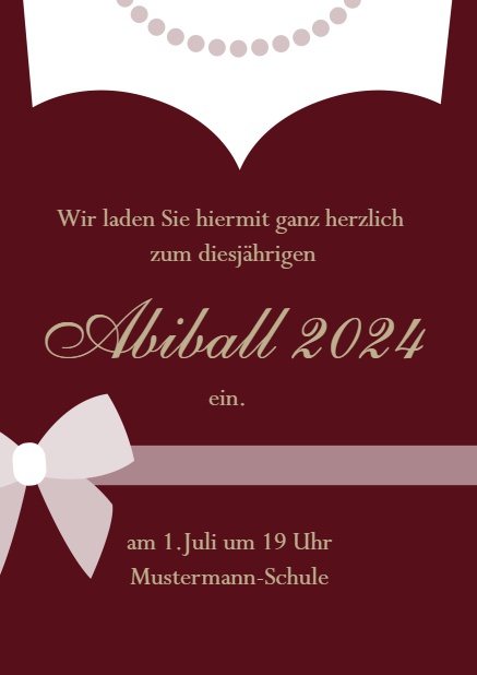 Online Abendkleid mit Perlenkette Abiball 2024 Einladungskarte Rot.