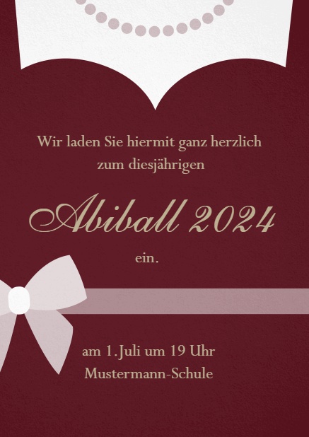 Abendkleid mit Perlenkette Abiball 2024 Einladungskarte Rot.
