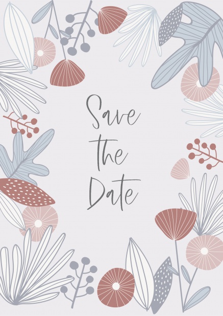 Grau Blau Braun Blumen - Geschäftskunden Graue Online Datum vormerken Karte mit großem "Save the date" Text und einem Rahmen aus Blumen.