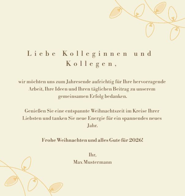 Grosse animierte online Weihnachtskarte mit leuchtenden Weihnachtslichtern Beige.